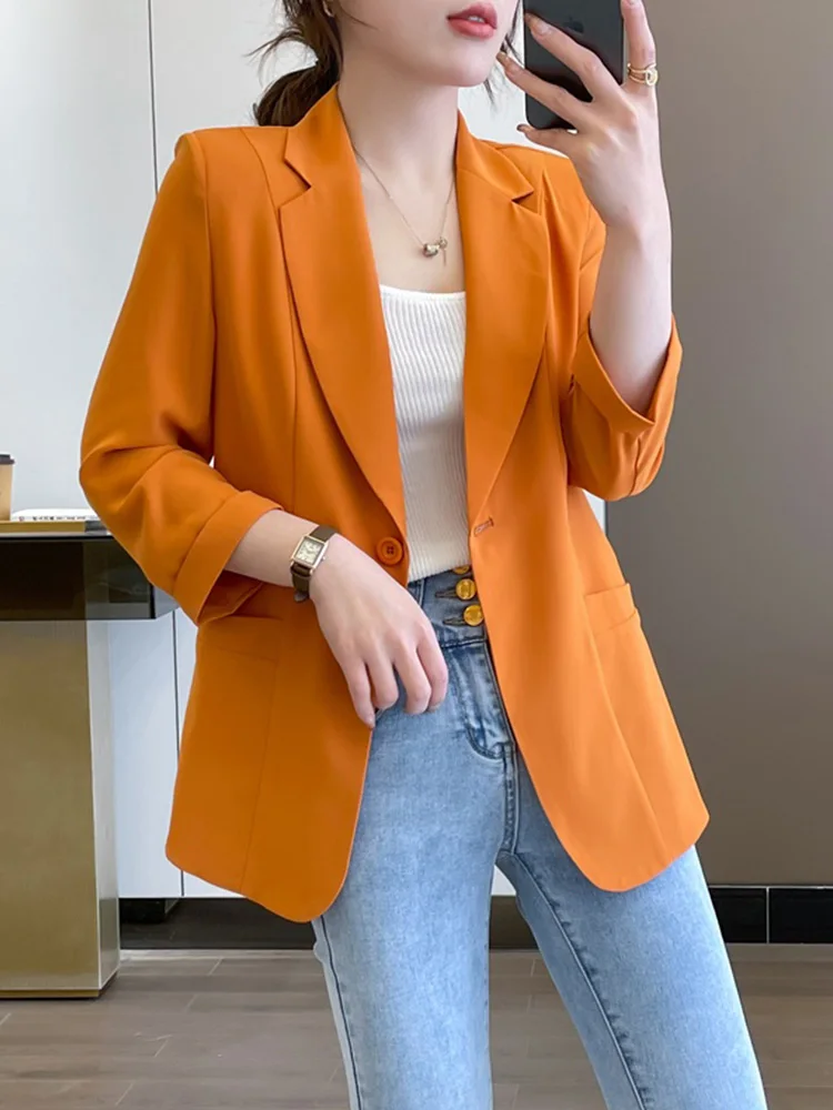 

Женское приталенное синее пальто-жакет с защитой от солнца, тонкое, весенне-летнее, с длинными рукавами, оранжевое, маленького размера, в западном стиле