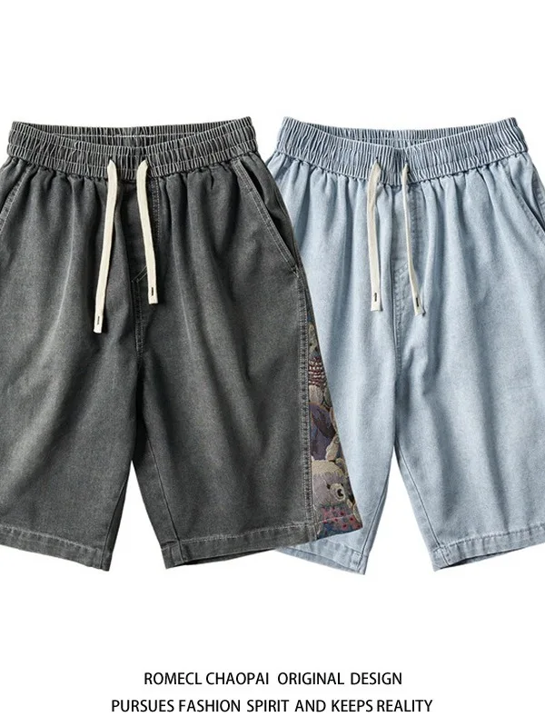Shorts Jeans com Bordado de Urso Estilo Americano para Verão, Unissex, Casual, Solto, Perna Reta, Cinco Bolsos, Calças Casuai...