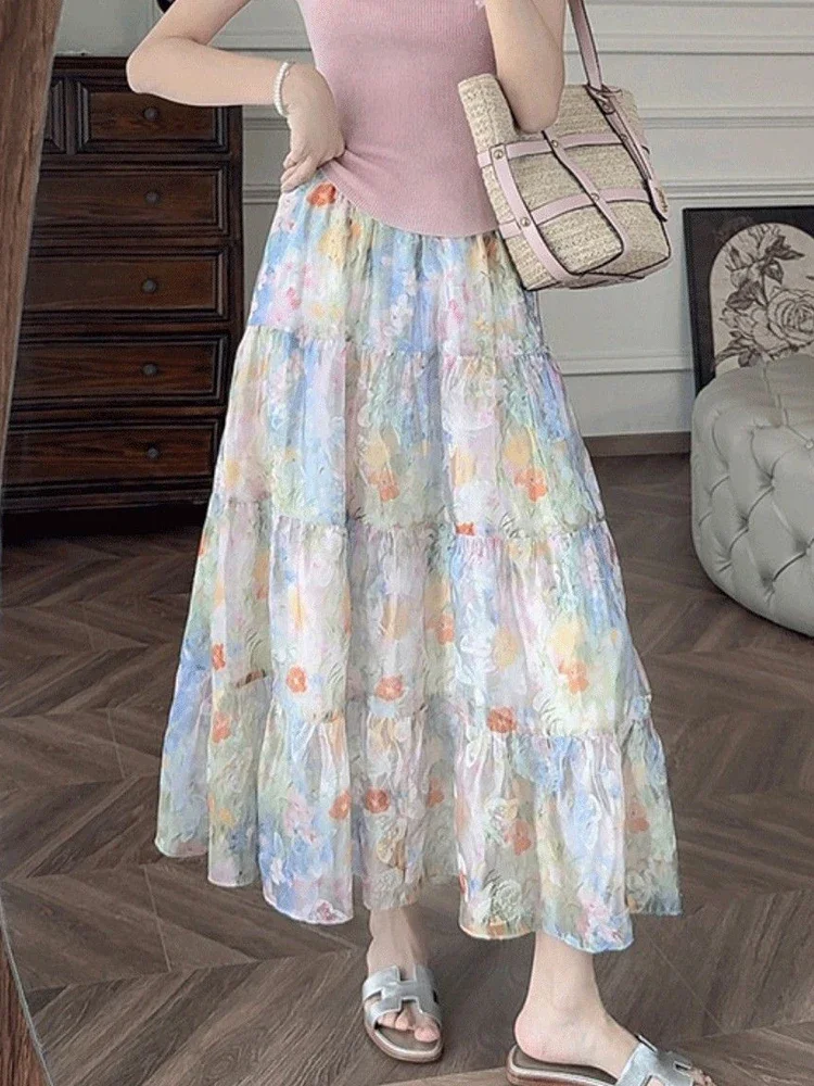 Mousseline de soie jupe longue florale femmes taille haute Vintage élégant doux jupes coréen rétro ample été femme une ligne jupe longue