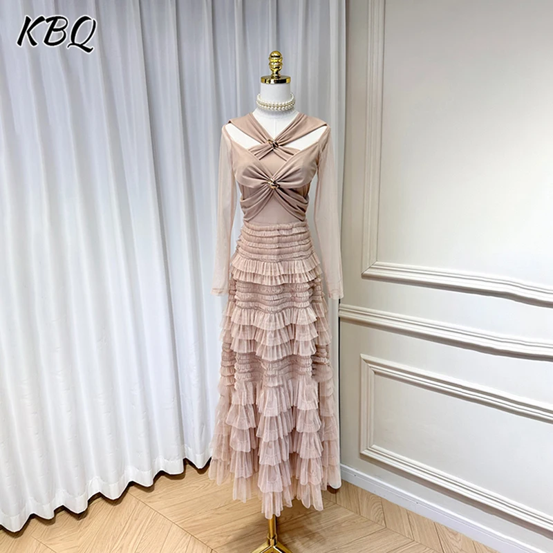 

KBQ Spliced Mesh Hollow Out Dresses For Women V Neck Long Sleeve High Waist Elegant Designer Temperament Dress Female Fashion