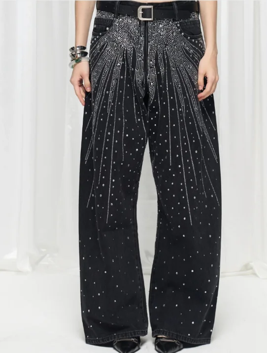 

2025 Summer New Hot Diamond Black Scimitar Jeans Women Loose and Thin Wide-leg Trousers High Waisted Denim Pants Female Bottoms