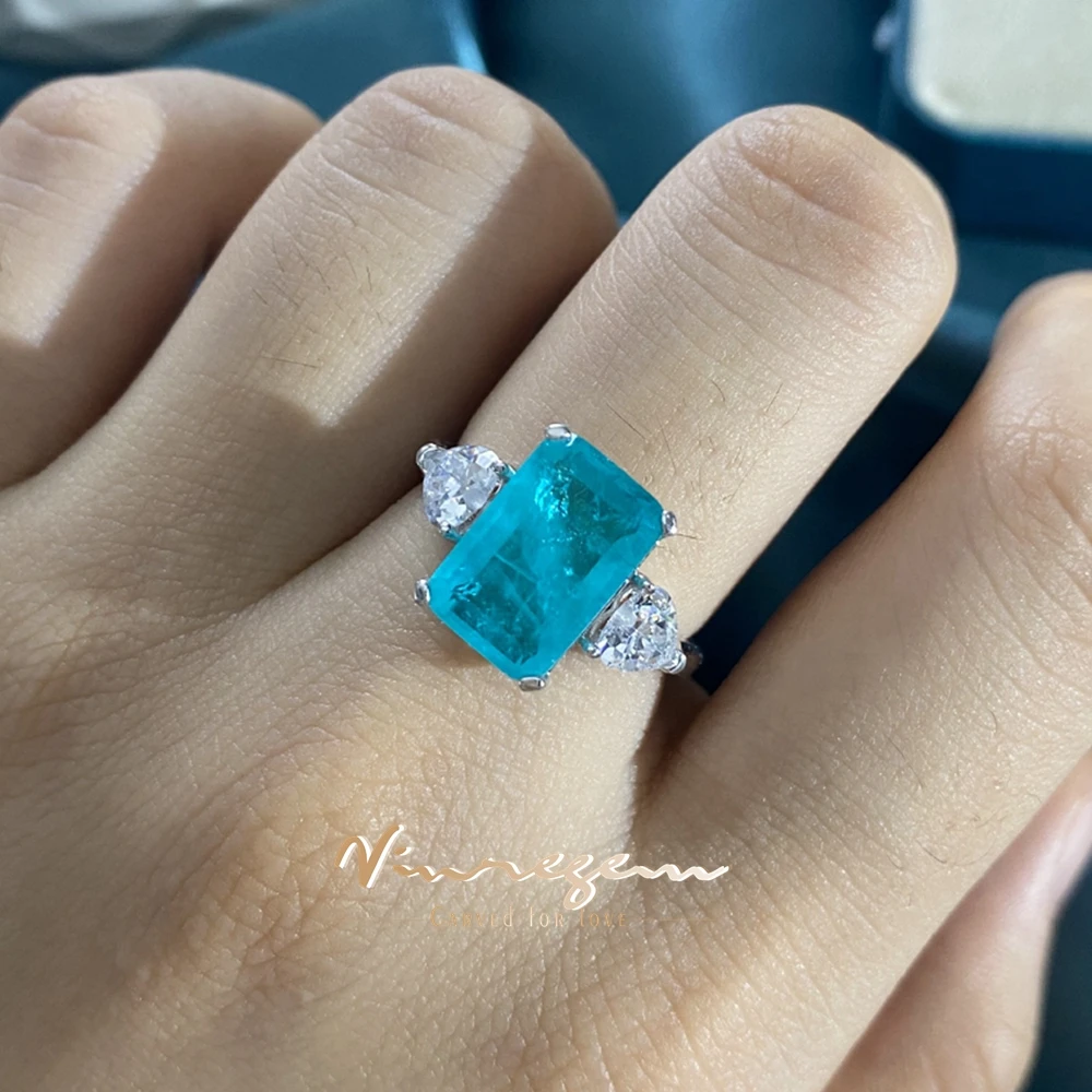 Vinregem 8*12 MM 5CT Paraiba Tourmaline High Carbon Diamond Gems Ring for Women 100% 925 Sterling Silver Fine Jewelry Wholesale