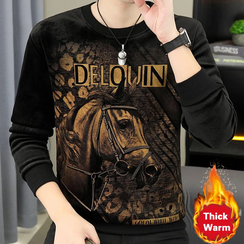 

Autumn Winter Luxury T Shirt Men New Men Velvet Warm Fleece Sweatshirt Double Layer Thickened Men Top Base Vintage T Shirts Men