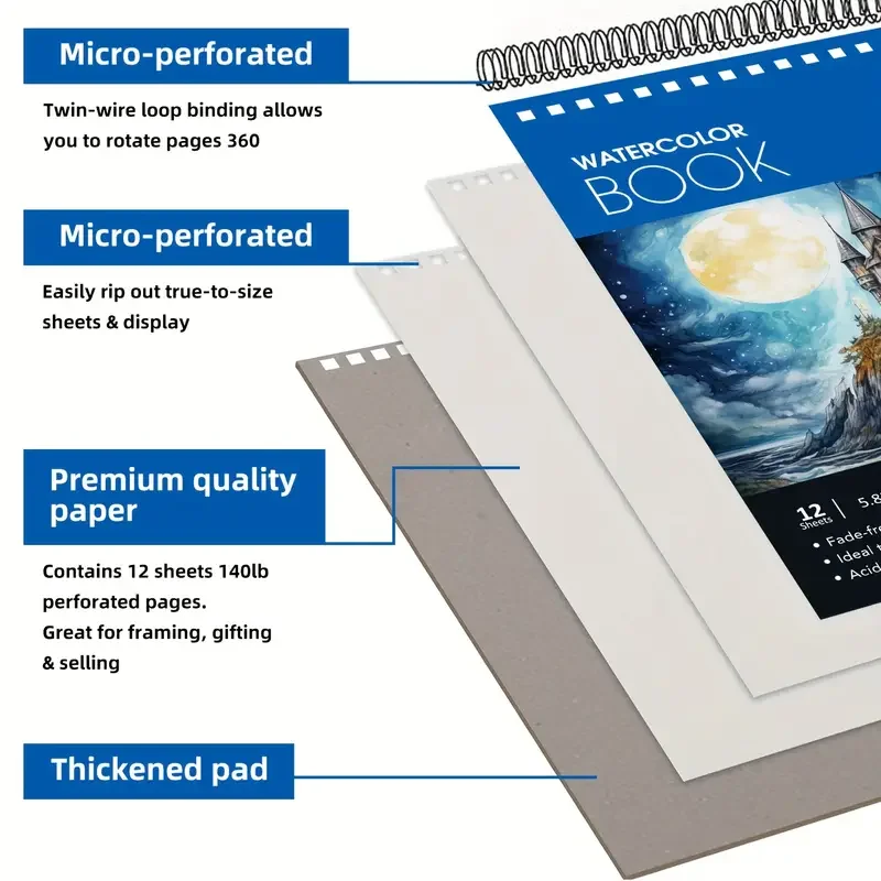 2 قطعة 12 ورقة كراسة رسم بالألوان المائية 14.81 × 21.01 سم، ورق ألوان مائية بالضغط البارد (63.5 كجم/300 جرامًا)، مياه ملزمة حلزونية C