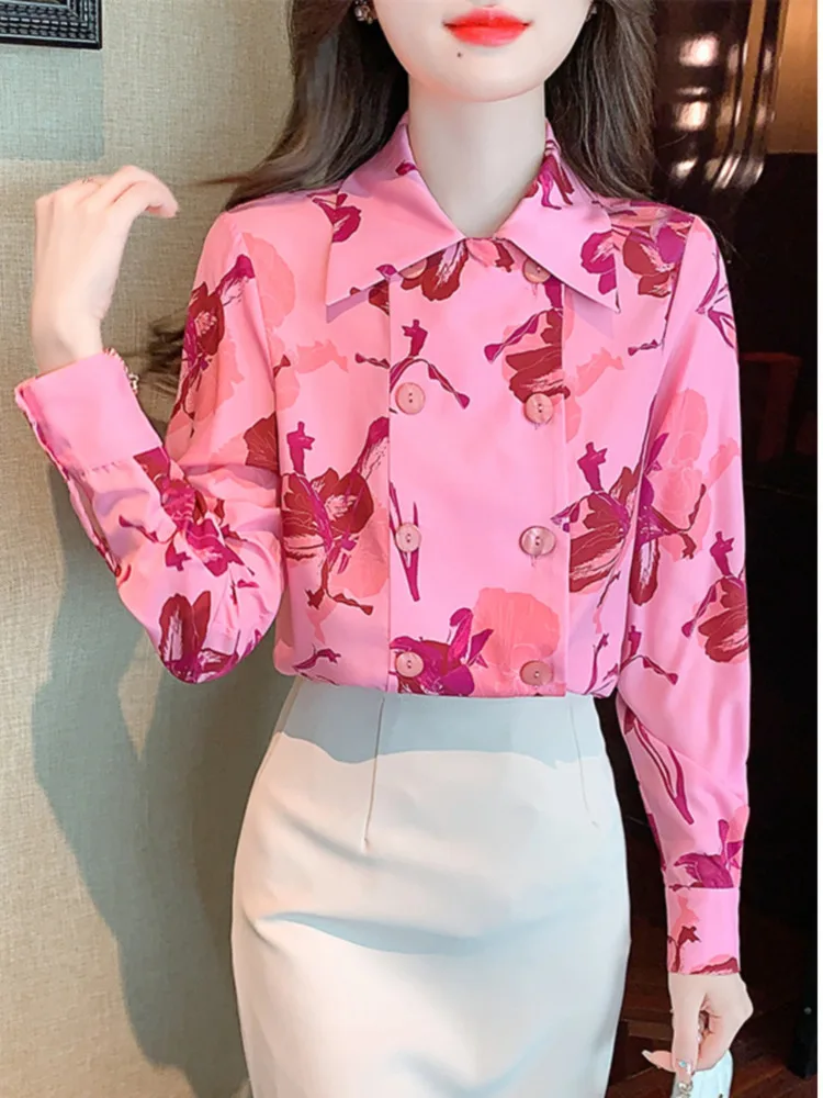 #3139 Pink Chffion Shirts Women Double Breasted Office Shirt Long Sleeve Vintage Printed Ladies Tops And Blouses Spring Autumn