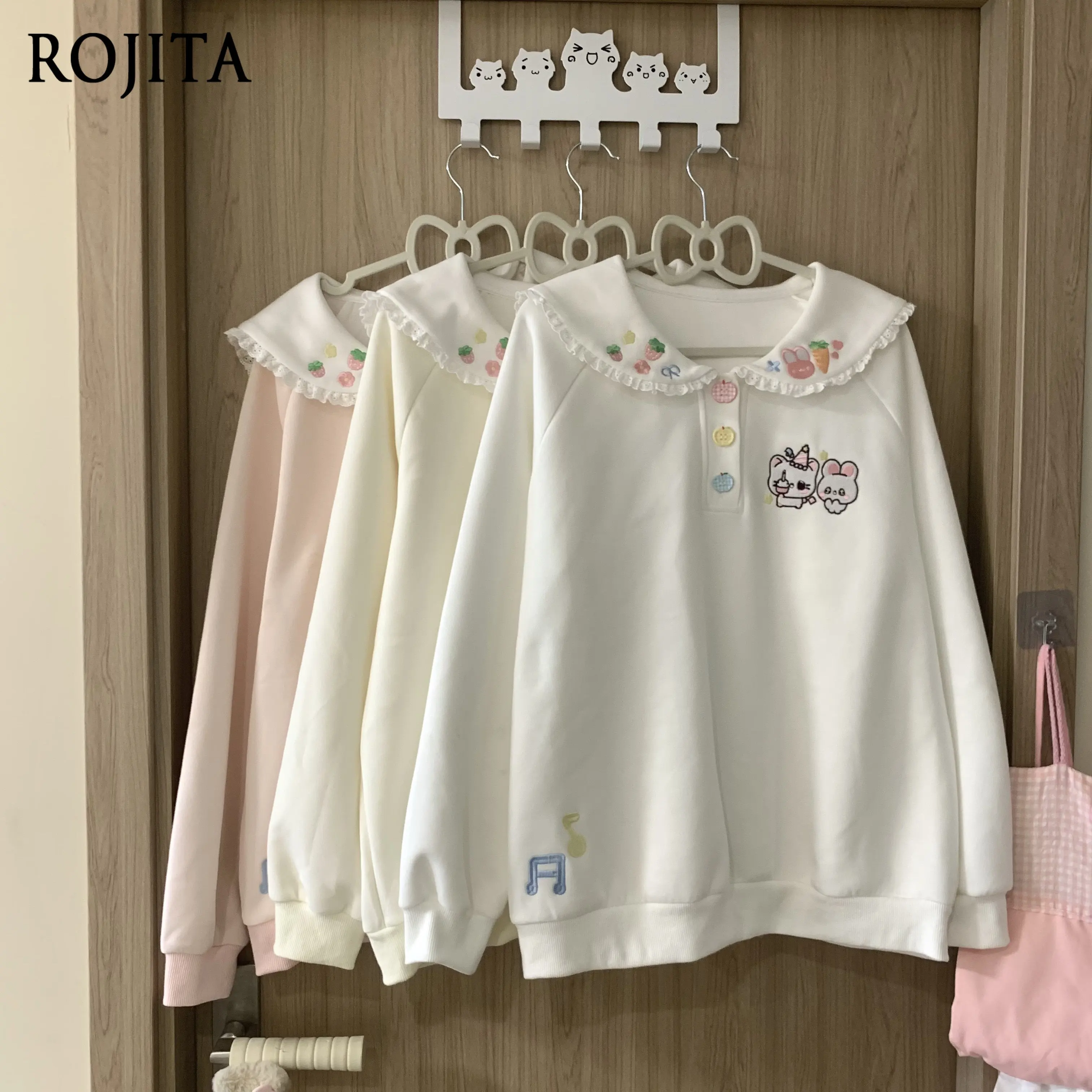 

Женская толстовка в японском стиле с вышивкой, воротником-куклой, флисовой подкладкой, утолщенная, с длинными рукавами и мультяшным принтом