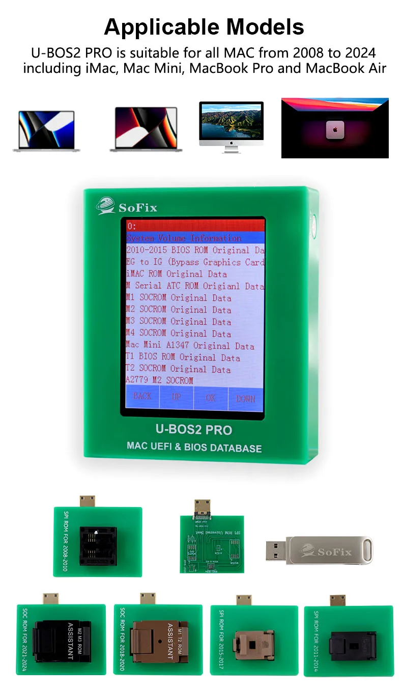 SOFIX U-BOS2 Pro مساعد البيانات لماك بوك 2008 إلى 2024 iMac MacBook Pro Air UEF BIOS قاعدة البيانات أدوات إصلاح النسخ الاحتياطي للقراءة والكتابة
