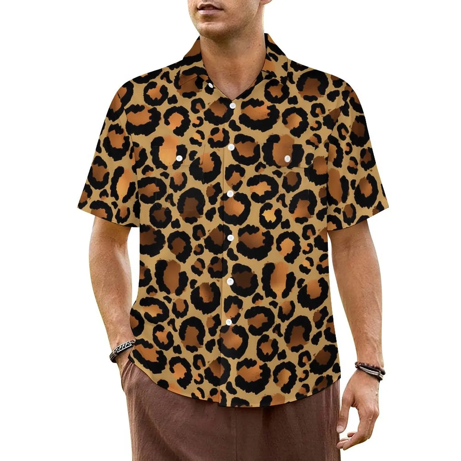 Hawaii Shirt Vacation Brown Leopard Spots Blouses Wild Animal Print Vintage Casual Shirts Men Short-Sleeve Oversize Clothes