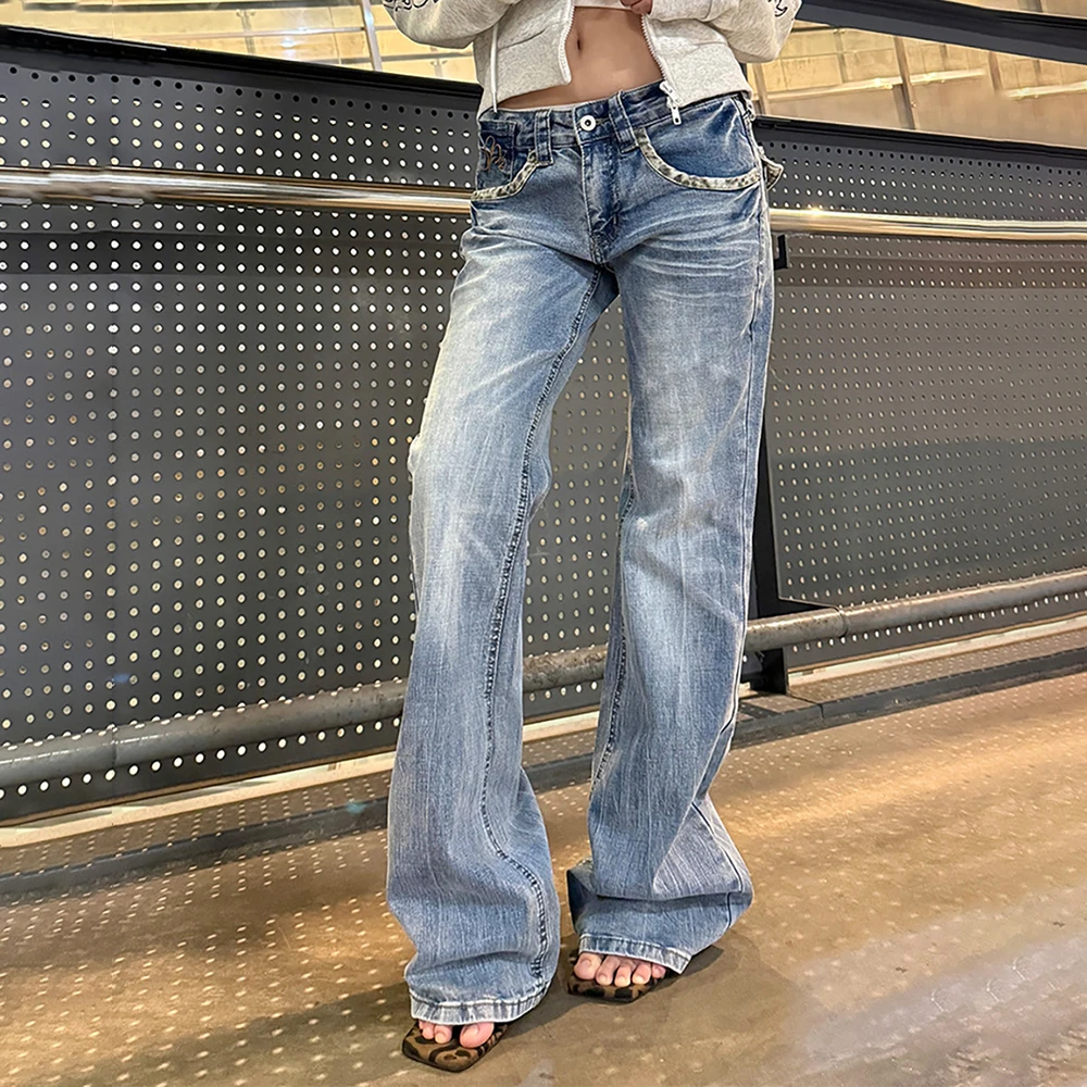 

Женские винтажные джинсы-клеш с эффектом потертости, с леопардовым принтом и лоскутными карманами, облегающие брюки в стиле Y2K, повседневные джинсовые штаны, уличная мода