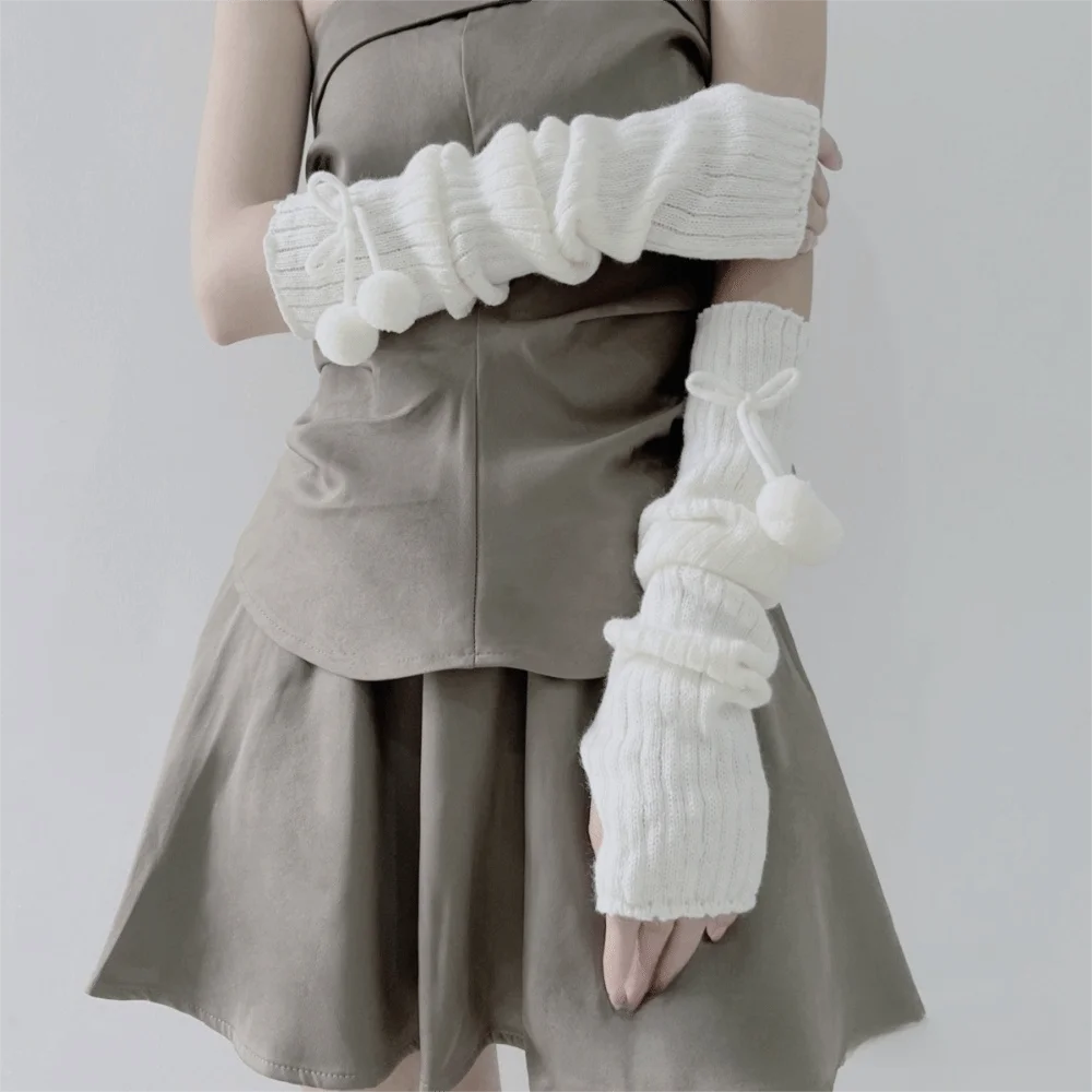 

Fashion Long Arm Warmer Gloves Knitted Cold Proof Warm Arm Sleeve Cute Furry Ball Fingerless Gloves Women