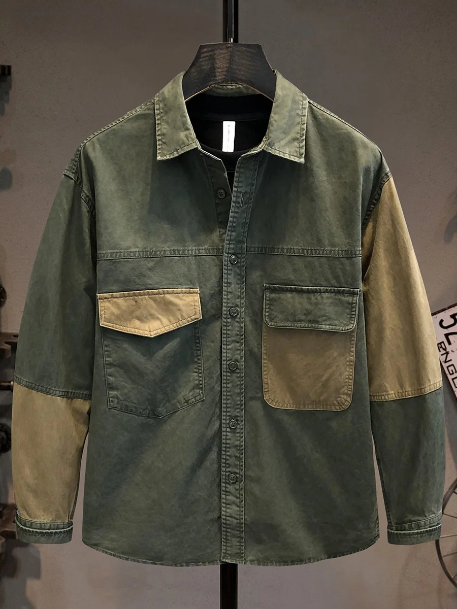 

Повседневная хлопковая рабочая рубашка для мужчин, весенне-осенняя, с длинным рукавом, в стиле Гонконг, с лоскутным узором, дышащая, молодежная, модная