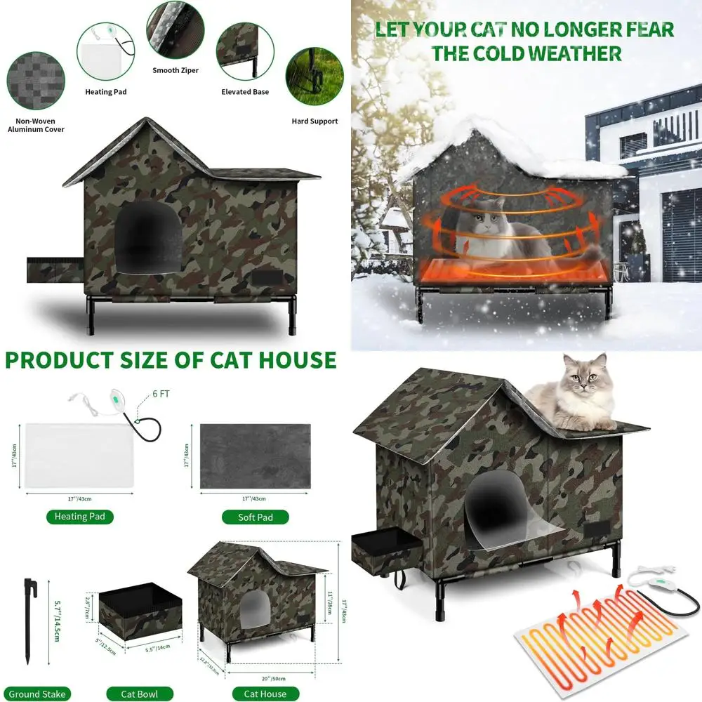 

Уличный кошачий домик среднего размера с камуфляжным дизайном, съемной конструкцией, устойчивой к атмосферным воздействиям, и встроенной грелкой.