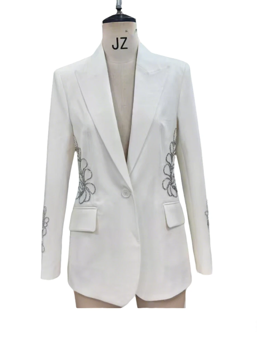 CHICEVER White Spliced Sequins Blazers for Women Botched Collar Long Sleeve Patchowrk Single Button Coats Female Fashion 2025