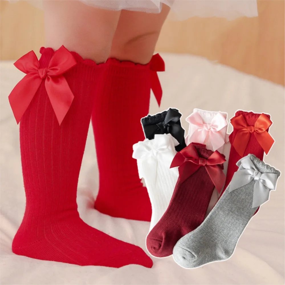 

New baby toddler bow knee-length soft cotton lace baby socks bow Christmas socks