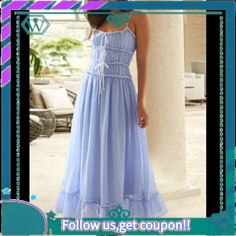 A09P Abito estivo da donna 2025 Casual senza maniche con cinturino per spaghetti RIC Rac Trim Abito lungo da spiaggia con volant smock