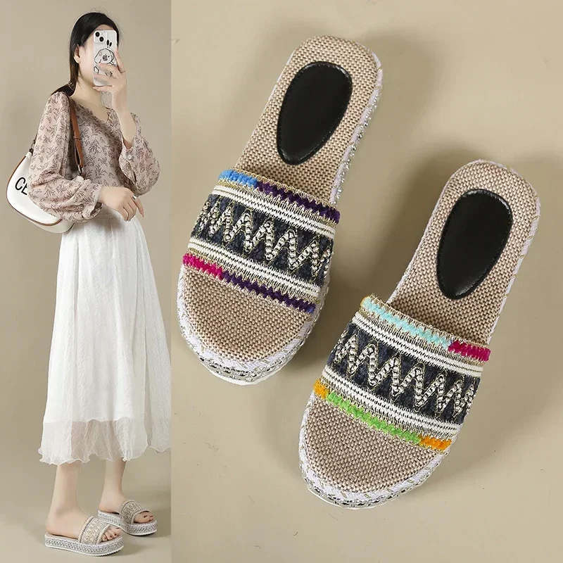 Ladies Casual Slides Female Denim Slippers For Women Wave Crystal Flat Sandals Rounded Toe Beach Slipper Flat Shoes