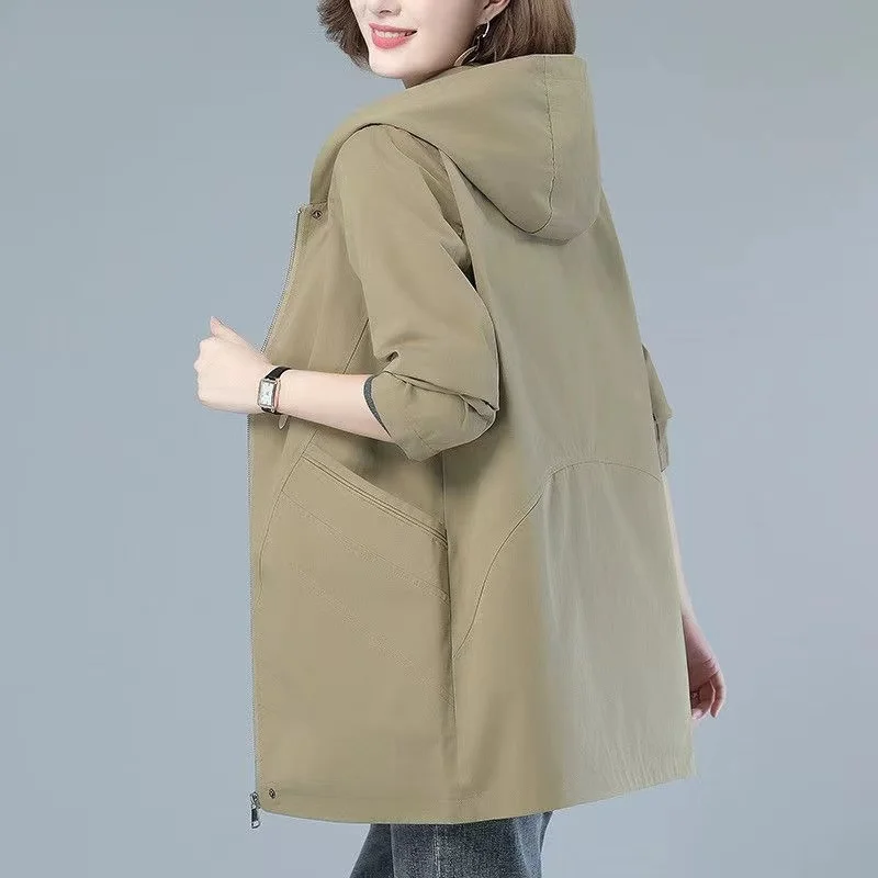 

Windbreaker Jacket Women Middle-Aged Elderly Spring Autumn Long 2024 New Outwear Casual Loose Overcoat Hooded Trench Coat Female