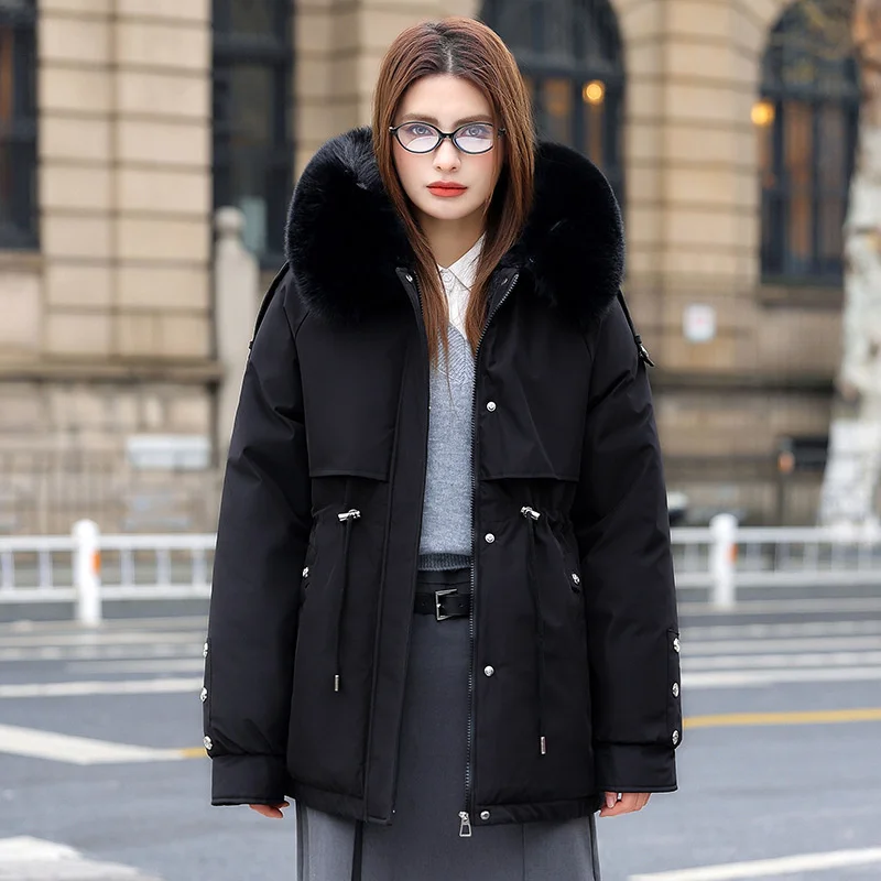 2022 Streetwear Winter Parka Vrouwen Fleece Fluwelen Jassen Winddicht Warm Dikker Bovenkleding Losse Grote Bontkraag Kapmantels