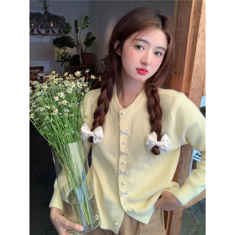Sweet Women Autumn Candy Color Bow Pearl Button Knit Cardigan Sweater Outerwear