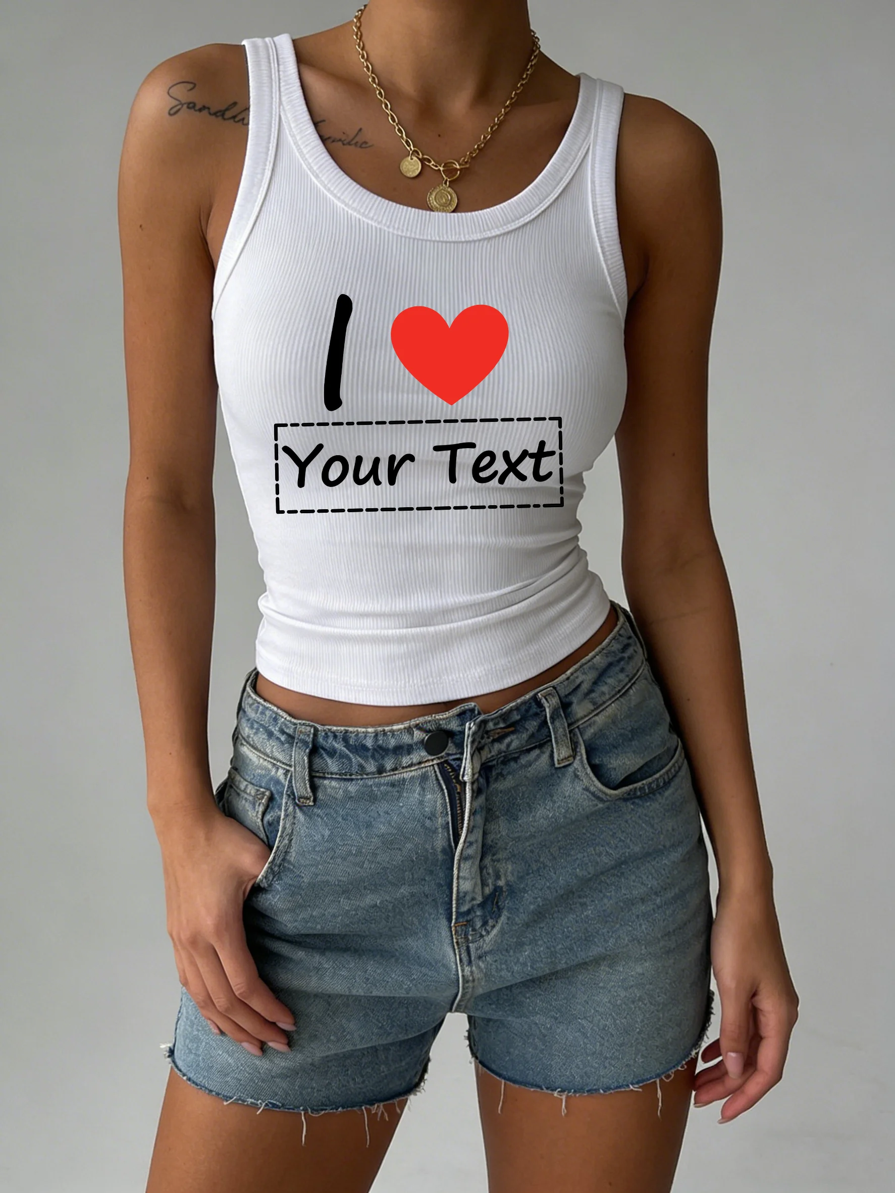 Personalized Custom I Love Text Creative Thread Vest Women Summer Outfits Tight Sexy Bestie Tank Top Knitted Sleeveless Slim Tee