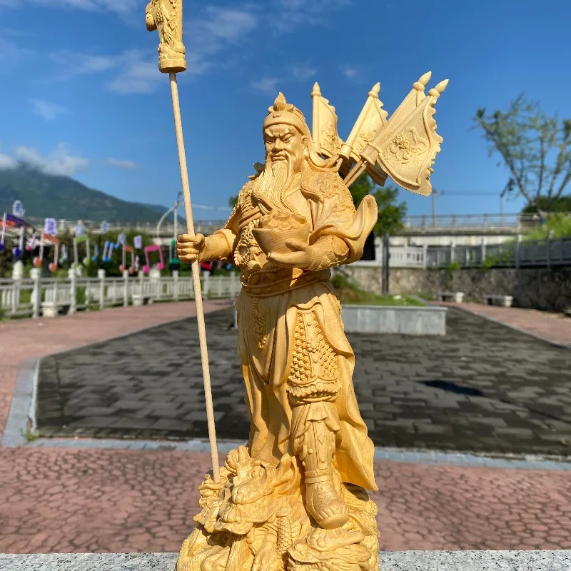 Guan Yu Wealth & War God Statue 30cm Hand-Carved Hinoki Wood with Ingot and Five Flags, Taoist Feng Shui Decor for Home, Office view 4