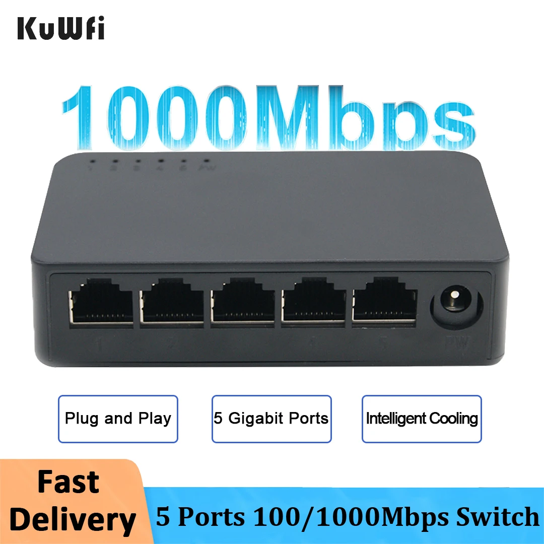 KuWfi 5 Ports Network Switch 100/1000Mbps RJ45 LAN Hub Adapter Half/Full-Duplex Desktop Fast Ethernet Switcher for Home Monitor