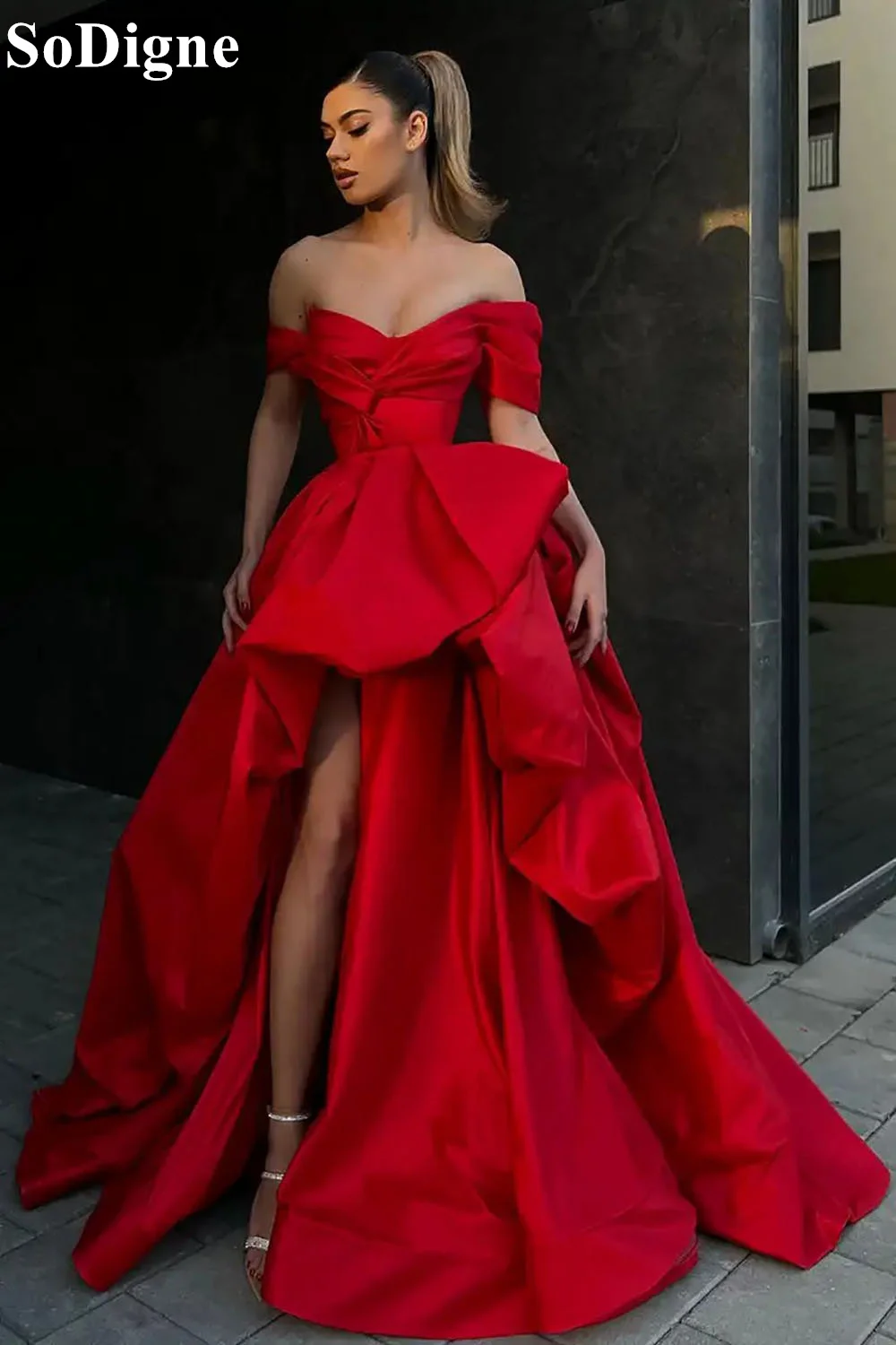 SoDigne Sexy A-Line Off Shoulder Evening Dresses V-Neck Ruched High Slit 2024 Celebrity Party Prom Gowns for Women Customized