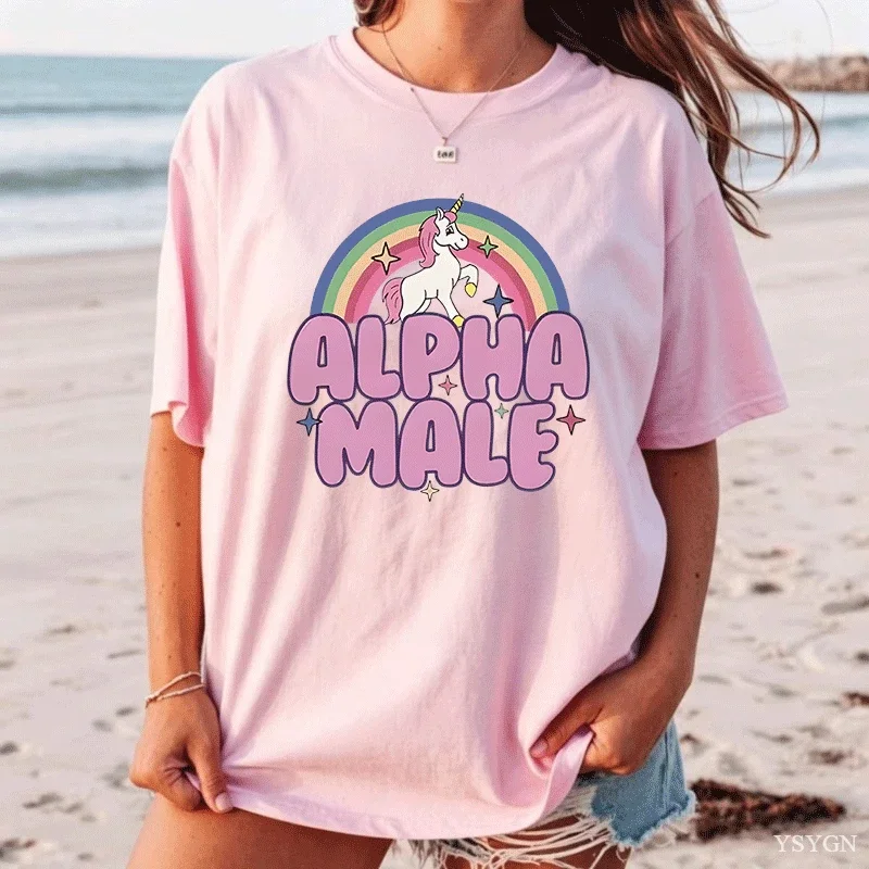 Alpha Male Unicorn Rainbow T Shirts Oversize Women Casual Fashaion Graphic Tees Unisex Round Neck Print Mens Short Sleeve Tshirt