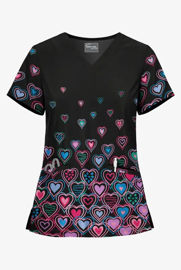 ثوب جراحي لطيف للسيدات بطباعة سنوبي عصري على شكل حرف V لممرضة الأسنان بأكمام قصيرة فستان سرير بيطري للسيدات