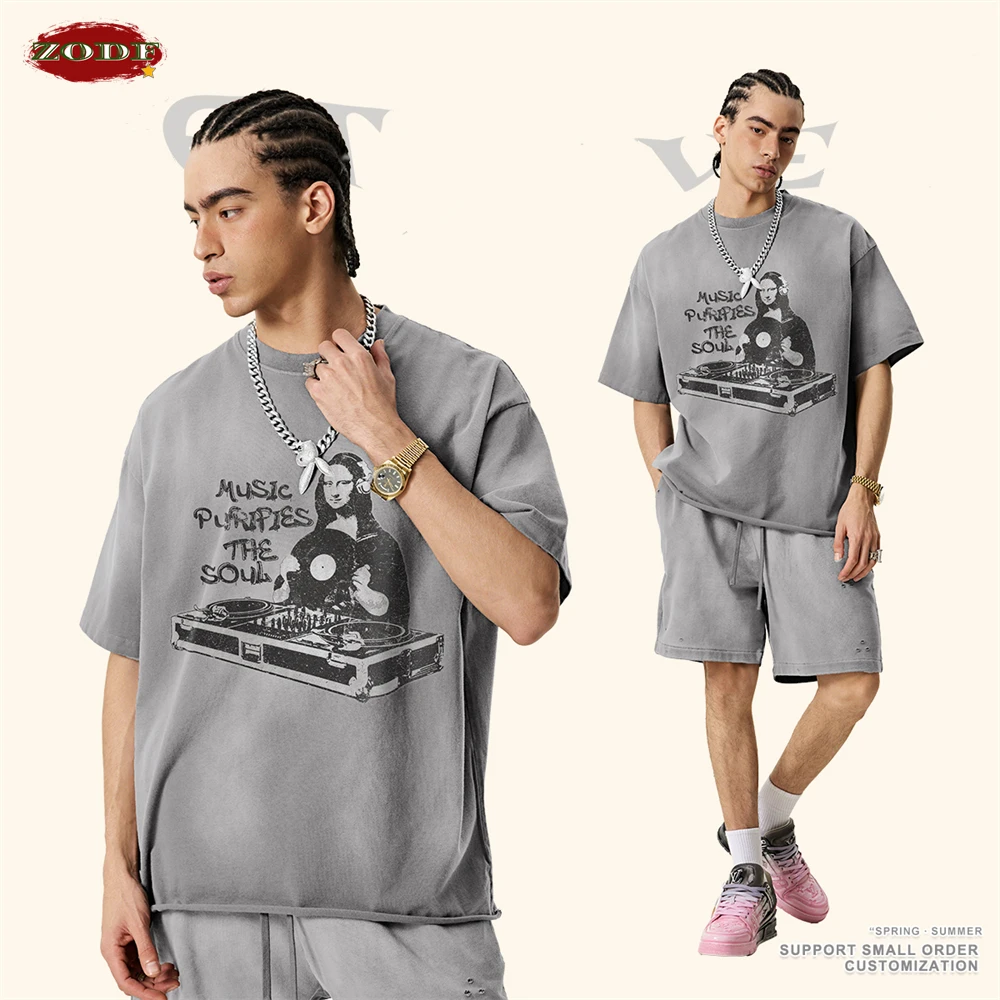 ZODF 2025 Men Summer 285gsm Funny Printing T-Shirts Unisex Oversized Monkey Washed Loose Edge Cotton T Shirt Brand Tops HY0764