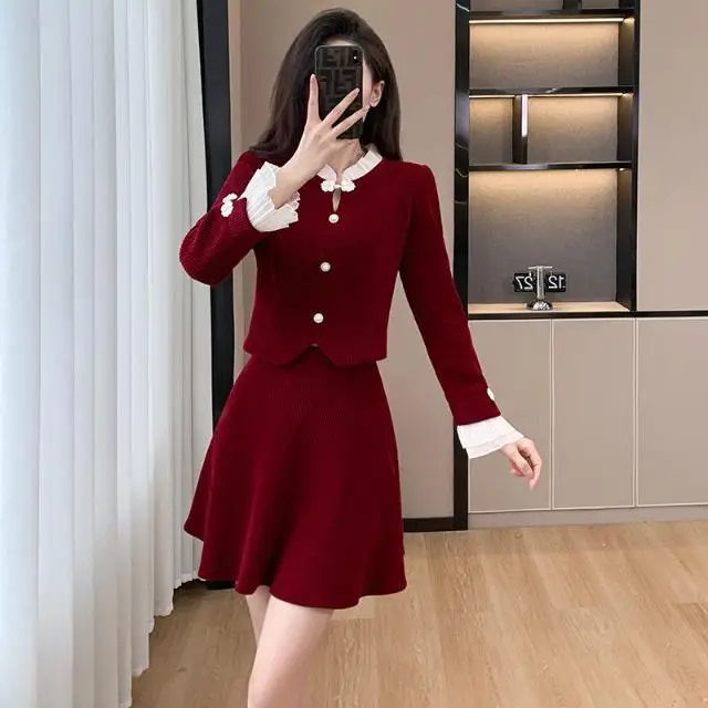 Cheongsam de estilo chino para mujer, conjunto de dos piezas mejorado, falda y chaqueta roja de pana para oficina, Otoño e Invierno