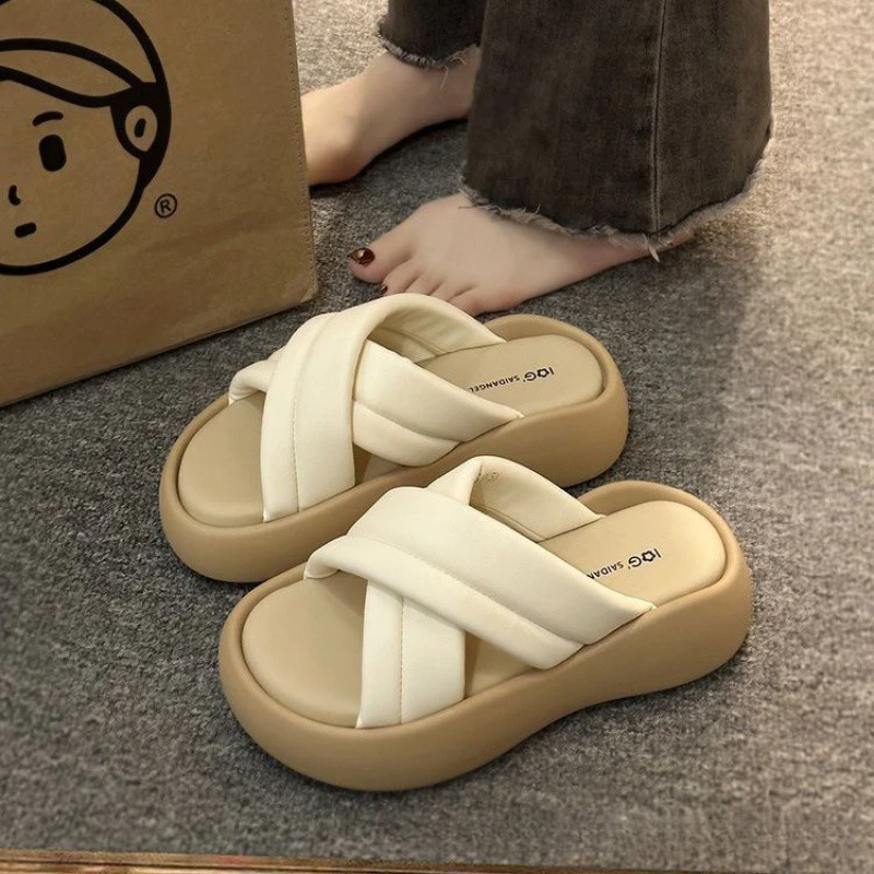 

Женские тапочки в корейском стиле с перекрестными ремешками, уличные универсальные пляжные шлепанцы на толстой подошве