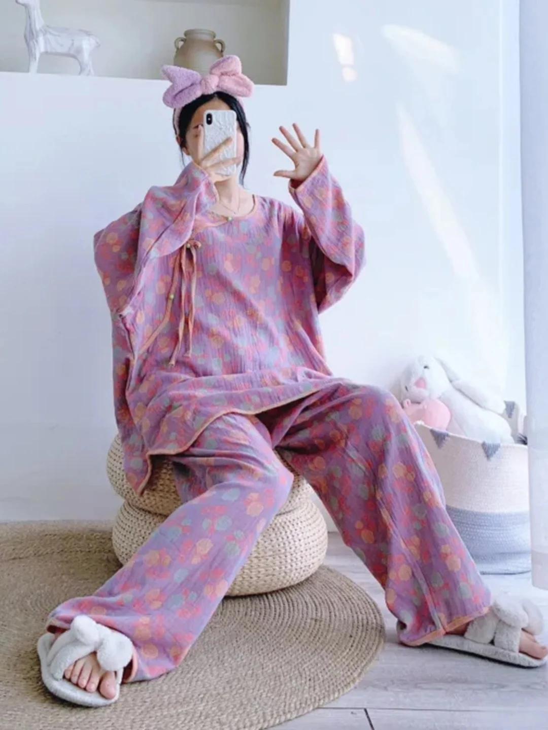 

plus Size Floral Print Sleepwear Set Chinese Style New Retro Patchwork Button Home Clothes Long Sleeve round Neck Home Comfor...