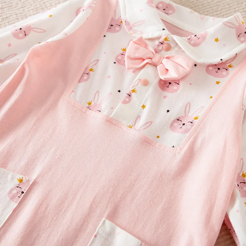 Spring and Autumn New Fashion Baby Bodysuit Newborn Girl Baby Cute Rabbit Fake Two Bowtie Long Sleeve Pure Cotton