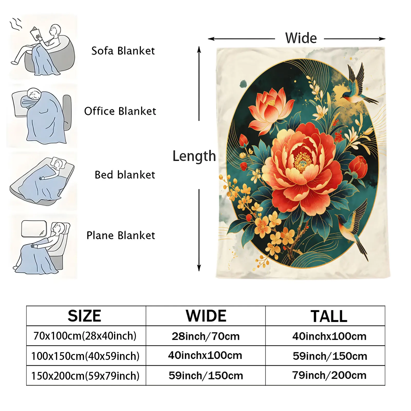 Oriental Floral Fleece Throw Blanket Vintage Chinese Peony Lotus Swallow Bird Art Print Soft Microfiber Plush Blanket Sofa Bed