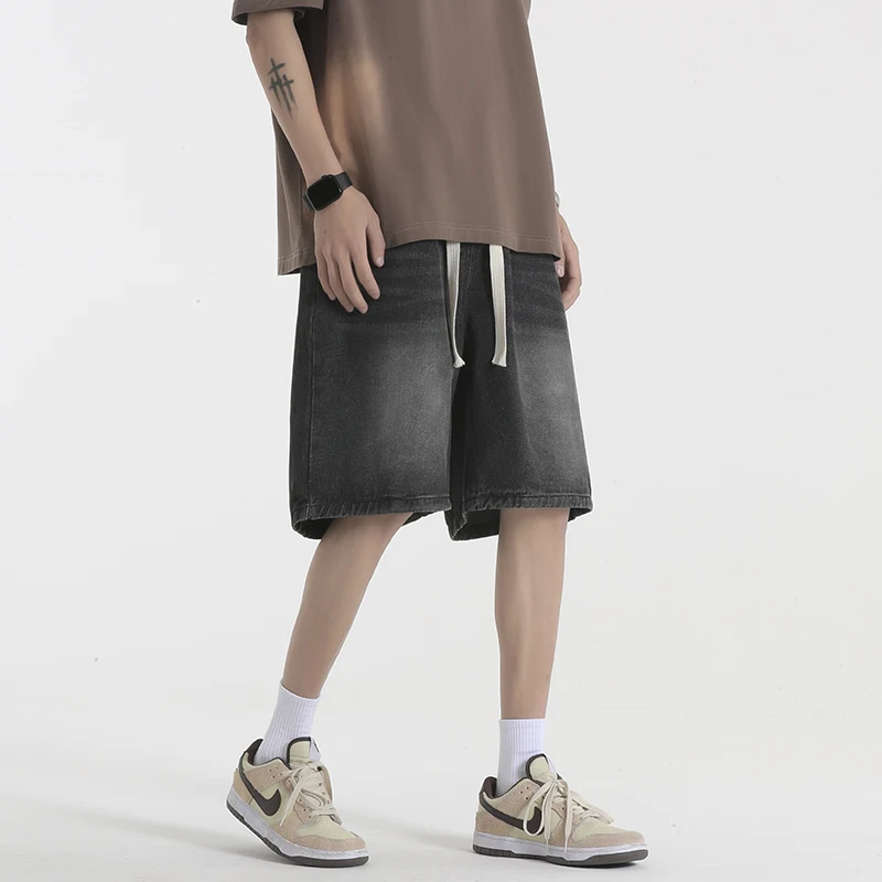 

Men's Summer Loose Casual Five-Quarter Denim orts American Vibe High Street Straight Leg Sports Mid-Length Jeans