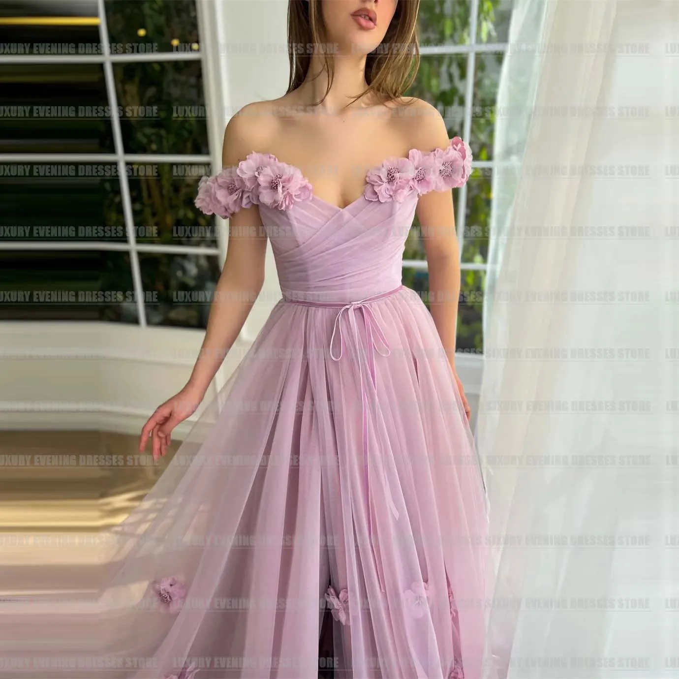 Luxury 3D Flower Evening Dresses A Line Off The Shoulder Sexy Side Split For Woman Formal Elegant Prom Gowns Vestidos De Festa