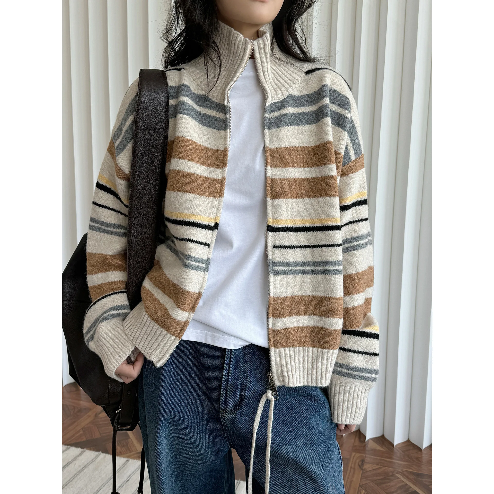 UMI MAO Winter New Korean Style Color-Block Striped Stand Collar Wool Sweater Cardigan Soft Skin-Friendly Women's Top