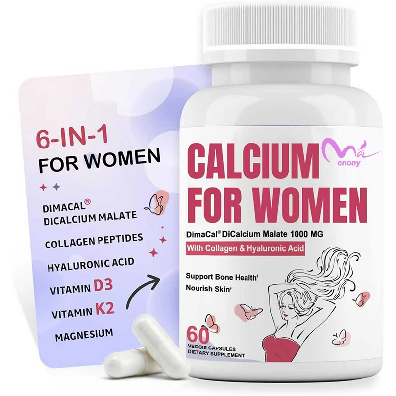 1000mg calcium supplement, containing vitamin D3, K2, magnesium, collagen, bone and skin support, 60 vegetable capsules