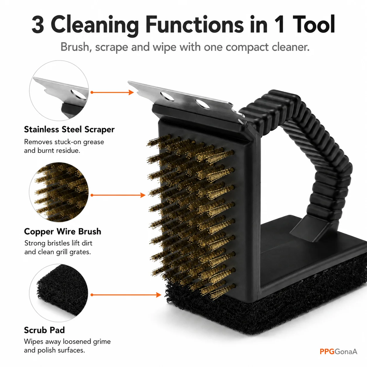 3-in-1 BBQ Grill Cleaning Brush Copper Wire Bristles Scraper Scrub Pad Outdoor Barbecue Grill Cleaner Tool