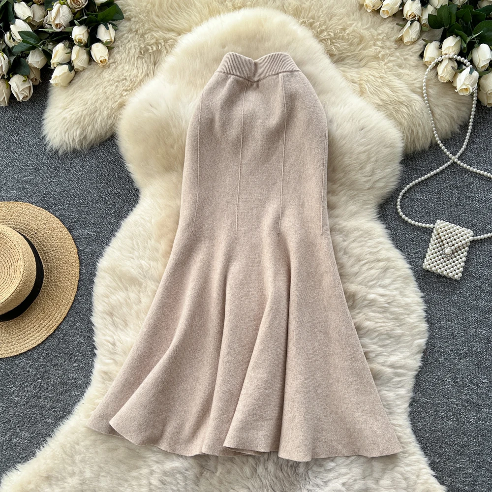

Women Chic Elegant Knit solid slim High Waist Fashion Vintage Wrap fairycore mermaid Skirt Clothing