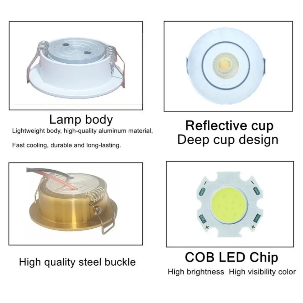 Miniluz de techo COB de 12V, foco LED de 3W, ajustable, sin accionamiento, luces descendentes, iluminación empotrada de armario y escaparate, color blanco atrevido