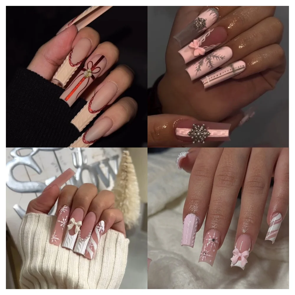 

Рождественский пресс на ногти, квадратные накладные ногти ручной работы, живопись французских 3D снежинок, дизайн ногтей, многоразовые 10 шт., набор акриловых ногтей