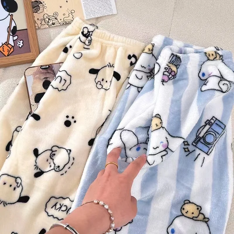 Miniso Kuromi Flannel Pajamas Pants For Women Sweet Cartoon Sleeping Warm Pants  Coral Fleece Warm Pants Home Clothes For Winter