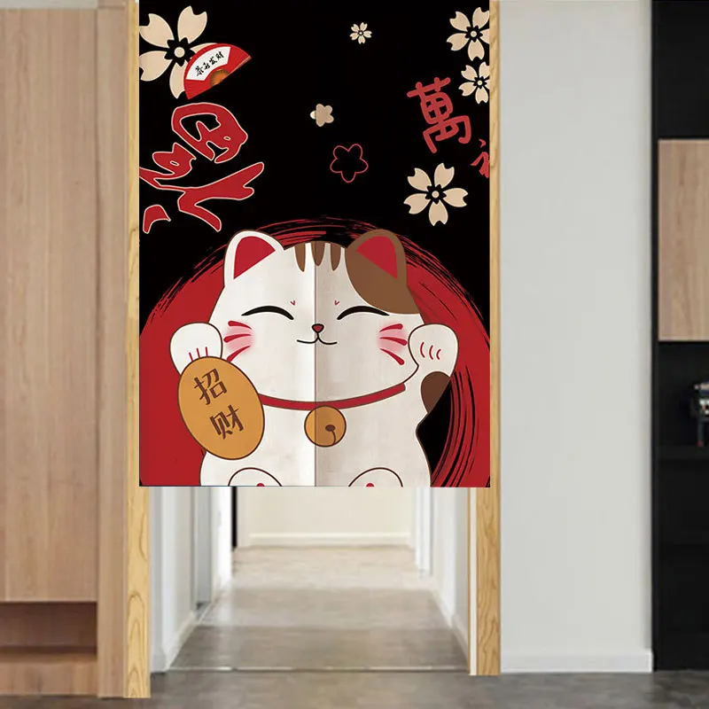 Cortina de puerta con diseño de gato de la suerte japonés, estampado de kanji de "Riqueza y Fortuna", decoración en negro, rojo y dorado para cocina, baño, separador de ambientes