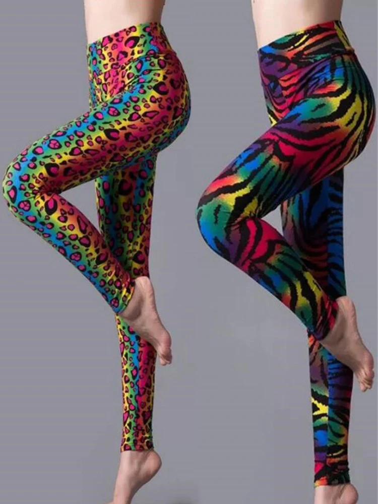 CUHAKCI Leggings de cintura alta ropa deportiva entrenamiento Jeggings para mujer pantalones elásticos leopardo verano impreso raya Sexy Fitness Leggins