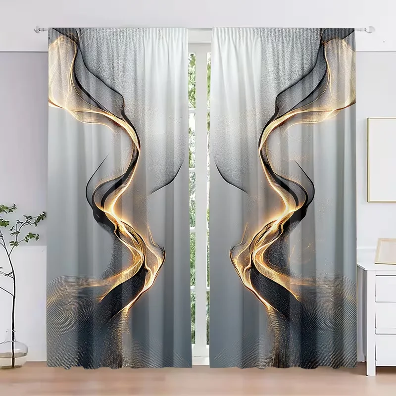 2pcs Abstract Fluid Art Curtains Black and Gold Window Drapes Luxury Modern Aesthetic Decor for Living Room Bedroom