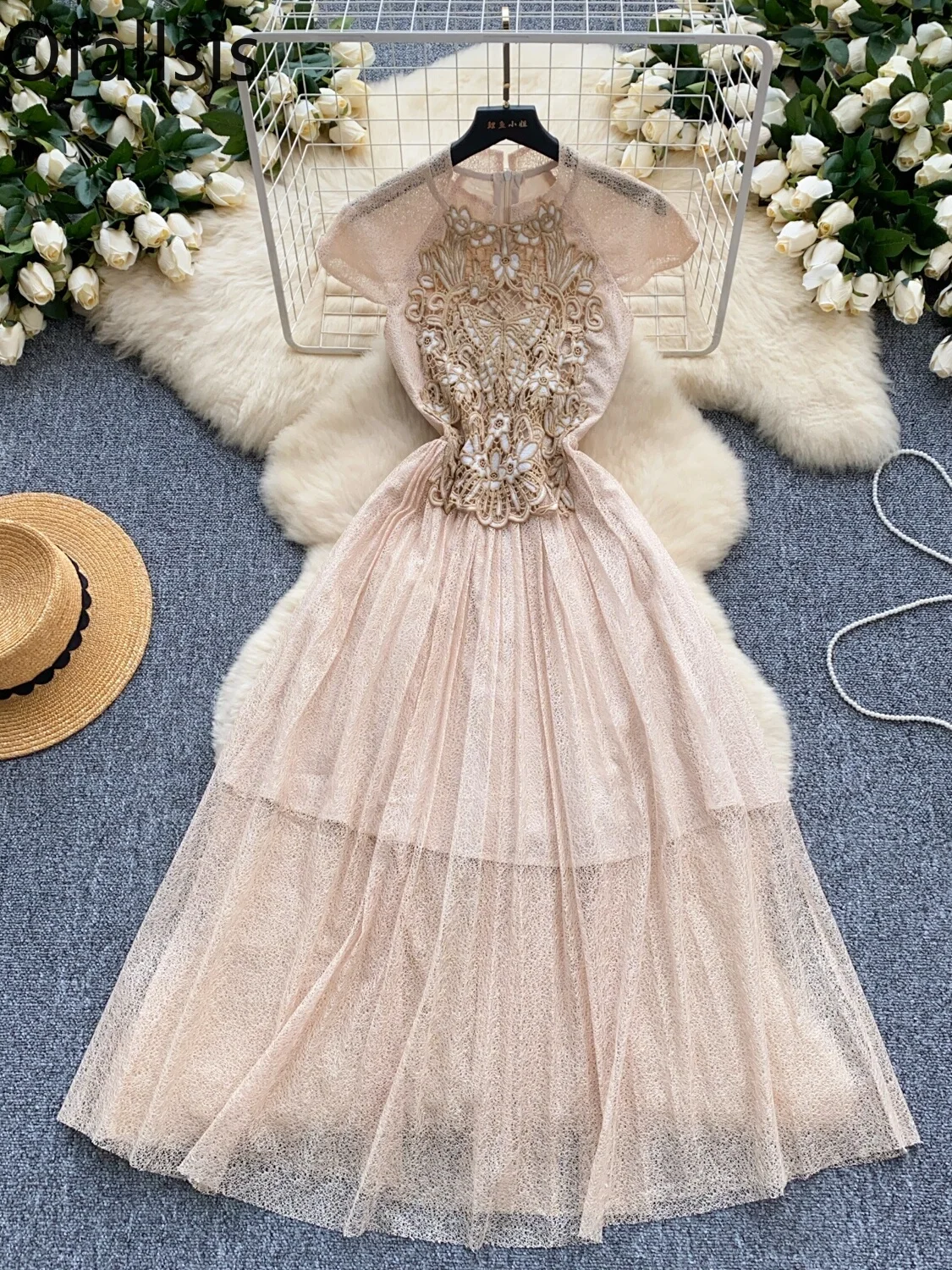 Ofallsis French Style Retro Hollowed Out Embroidery Stand Up Collar Dress 2024 Summer New Slim Mesh Puffy Formal Long Dresses