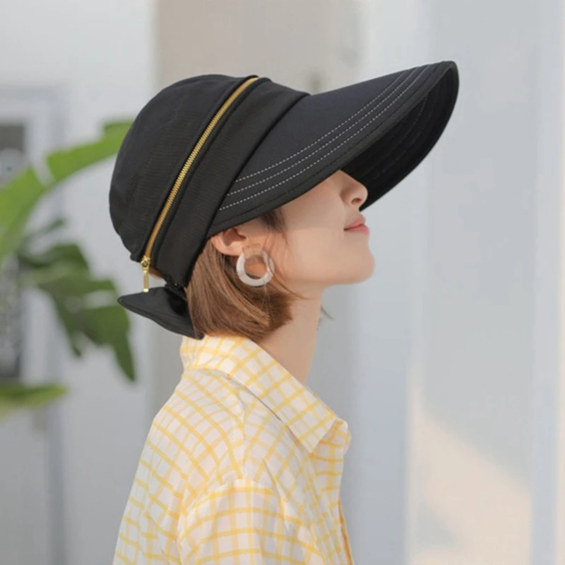 2024 Summer Hat Removable Cap Top with Zipper Empty Top Hat Anti-UV Sun Hats Ladies Cotton Foldable Wide Brim Hat Visor Caps