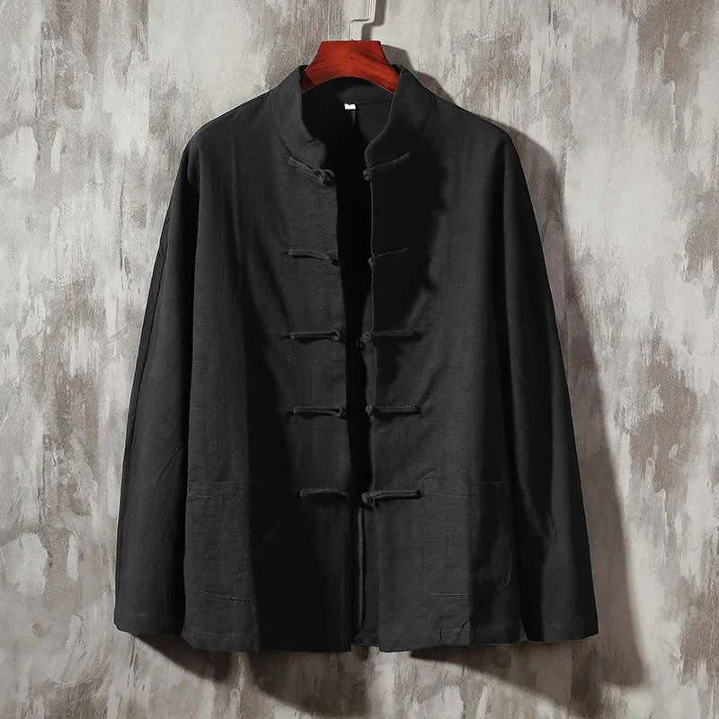 

Spring and Autumn New Chinese Retro Men's Chinese Style Linen Shirt Long Sleeve Cotton and Linen Button Shirt Stand-up Collar